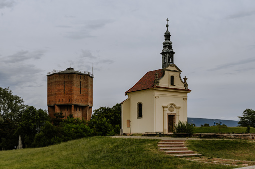 Water tower and the Calvary Chapel in Tata, Hungary