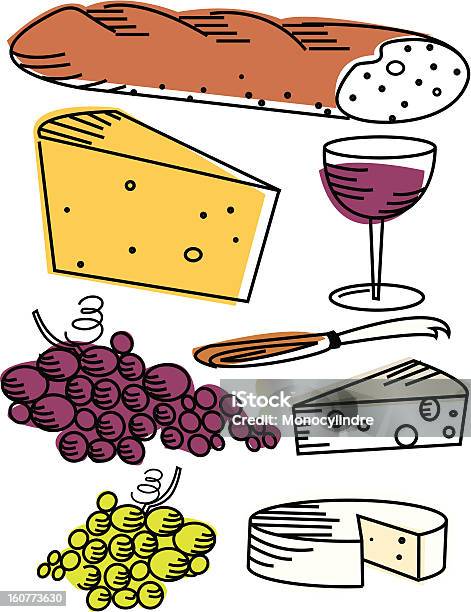 Wein Und Käsepicknickartikel Stock Vektor Art und mehr Bilder von Baguette - Baguette, Brie, Cheddar - Käse