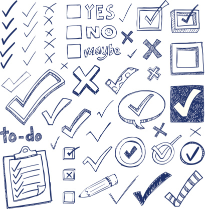 Checkmarks and checkboxes drawn in a doodled style.