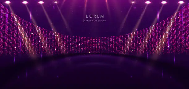 Vector illustration of Elegant purple stage horizontal glowing with lighting effect sparkle on dark background. Template premium award design.