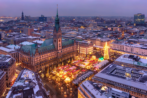 Historic Christmas market on Rathausmarkt in downtown Hamburg, Germany.