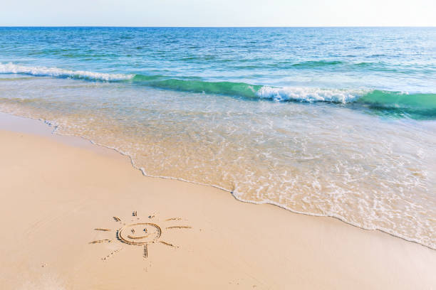 istock The drawing of the sun on sand beach with soft waves 1607744108