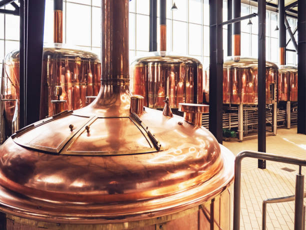 istock Micro Brewery and equipment. Round copper storage tanks for beer fermentation and maturation. Brew manufacturing 1607772861