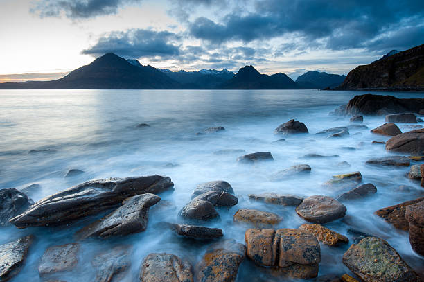 Elgol Beach, Isle of Skye Wide angle view of dusk at dramatic Elgol Beach on The Isle of Skye, Scotland, UK. XL image size. elgol beach stock pictures, royalty-free photos & images