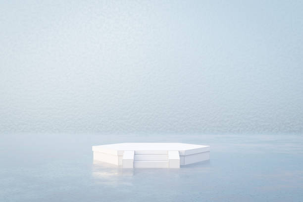 istock Abstract 3d render winter scene background, Ice podium on the frozen floor, Backdrop ice wall for product display, advertising, mockup or etc 1607798999