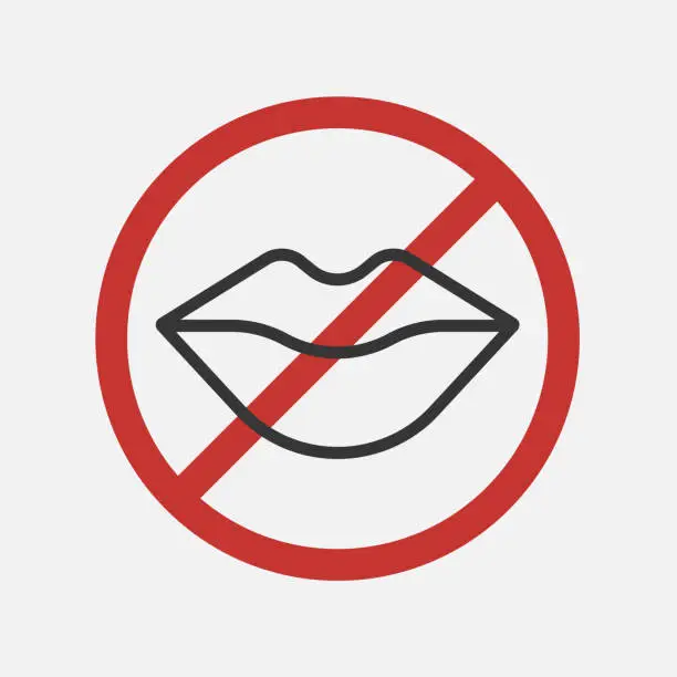 Vector illustration of Don`t talk sign. Stop speaking icon. Be quiet. Limit organ sense sign. Icon in red prohibition circle. Vector illustration