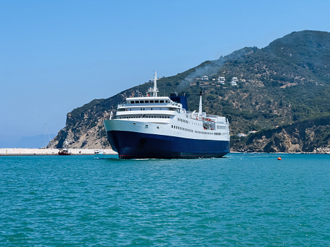 Ferry at Skopelos town on Skopelos island, Greece from port.