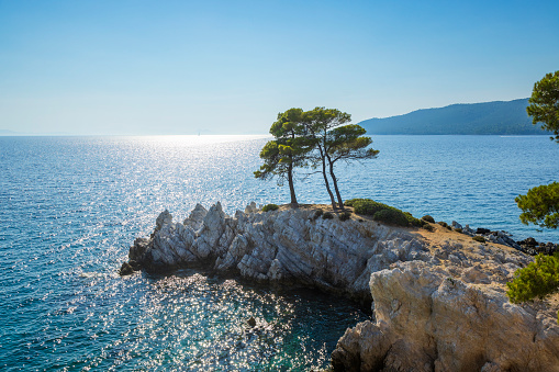 Amarandos cove Three trees (Mamma Mia!), Skopelos island, Sporades, Greece at sunset.