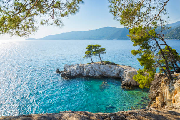 Amarandos cove Three trees (Mamma Mia!), Skopelos island, Sporades, Greece at sunset.