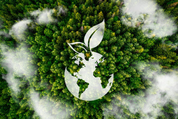 Environmental technology concept. Sustainable development goals. SDGs. Modern view of various icons related to environment, finance, business and corporate governance themes. Lots of green landscapes in the background. transformative change sustainability stock pictures, royalty-free photos & images