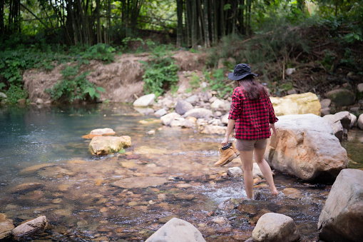 Back of Asian woman enjoy walking in stream or little waterfall with bare foot, lady in Scottish red and black shirt and brown shot with green tree and natural light. Nature healing for wellbeing in human.