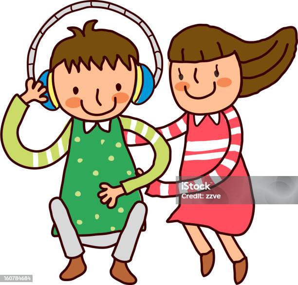 Ilustración de Niño Y Niña Con Auriculares y más Vectores Libres de Derechos de Alegre - Alegre, Amistad, Auriculares - Equipo de música