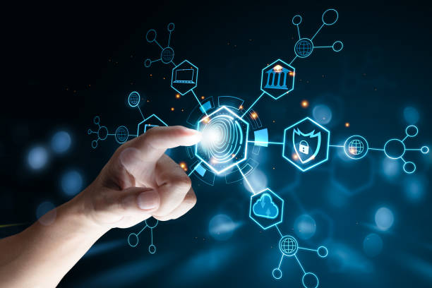 istock Hand touch virtual screen key protection technology. Online documentation digital business database, IT consultant Virtual Document Management System, Computer Software archiving corporate files 1607848294