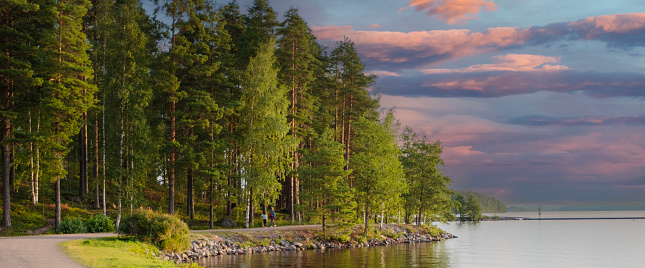 Lake Saimaa in Finland Corelia. Sunset on the lake.