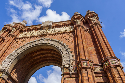 Barcelona, Spain-July 13, 2023. Arc de Triomf , monument in Barcelona, Spain. Designed by José Vilaseca as the main entrance to the Universal Exposition of Barcelona in 1888.