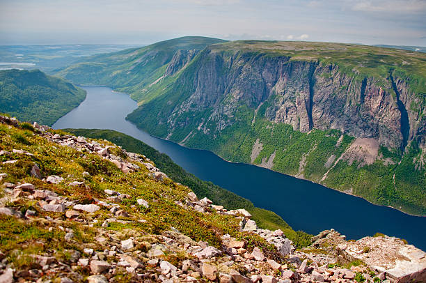 Vista at top of Gros Morne Mountain At the mountain top looking down onto the meandering river newfoundland and labrador photos stock pictures, royalty-free photos & images