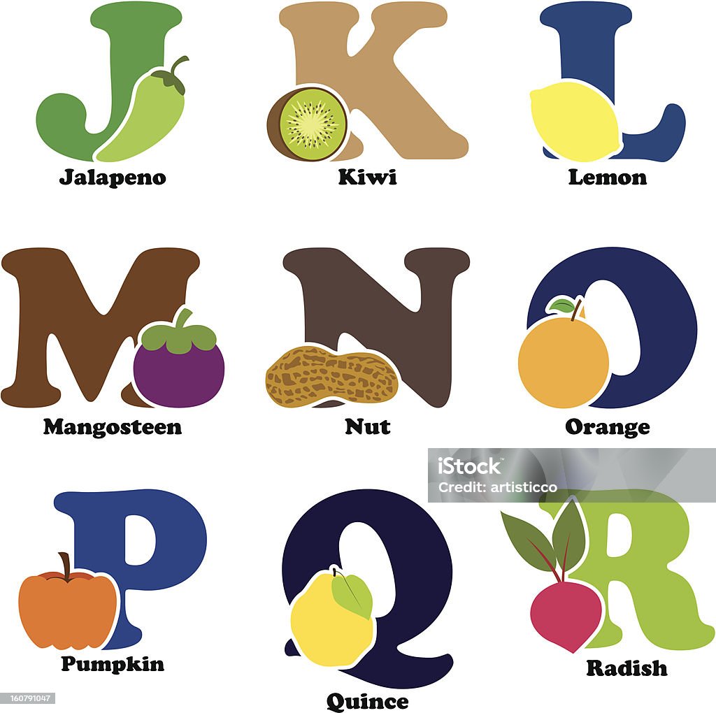 Obst Und Gemüse Mit J Obst Und Gemüse Alphabet Stock Vektor Art und mehr Bilder von Alphabet