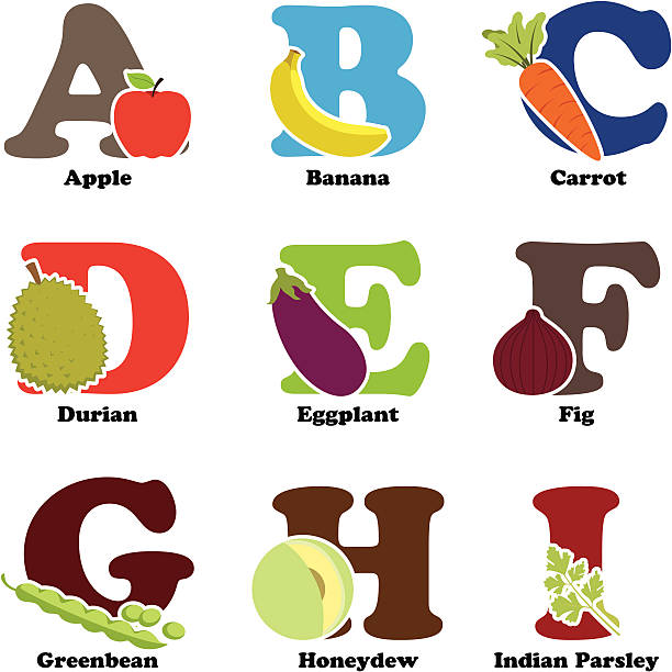 ilustraciones, imágenes clip art, dibujos animados e iconos de stock de alfabeto de fruta y verdura - green bean isolated food white background