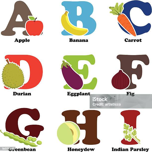 Alfabeto De Frutas E De Produtos Hortícolas - Arte vetorial de stock e mais imagens de Alfabeto - Alfabeto, Banana - Fruto tropical, Beringela