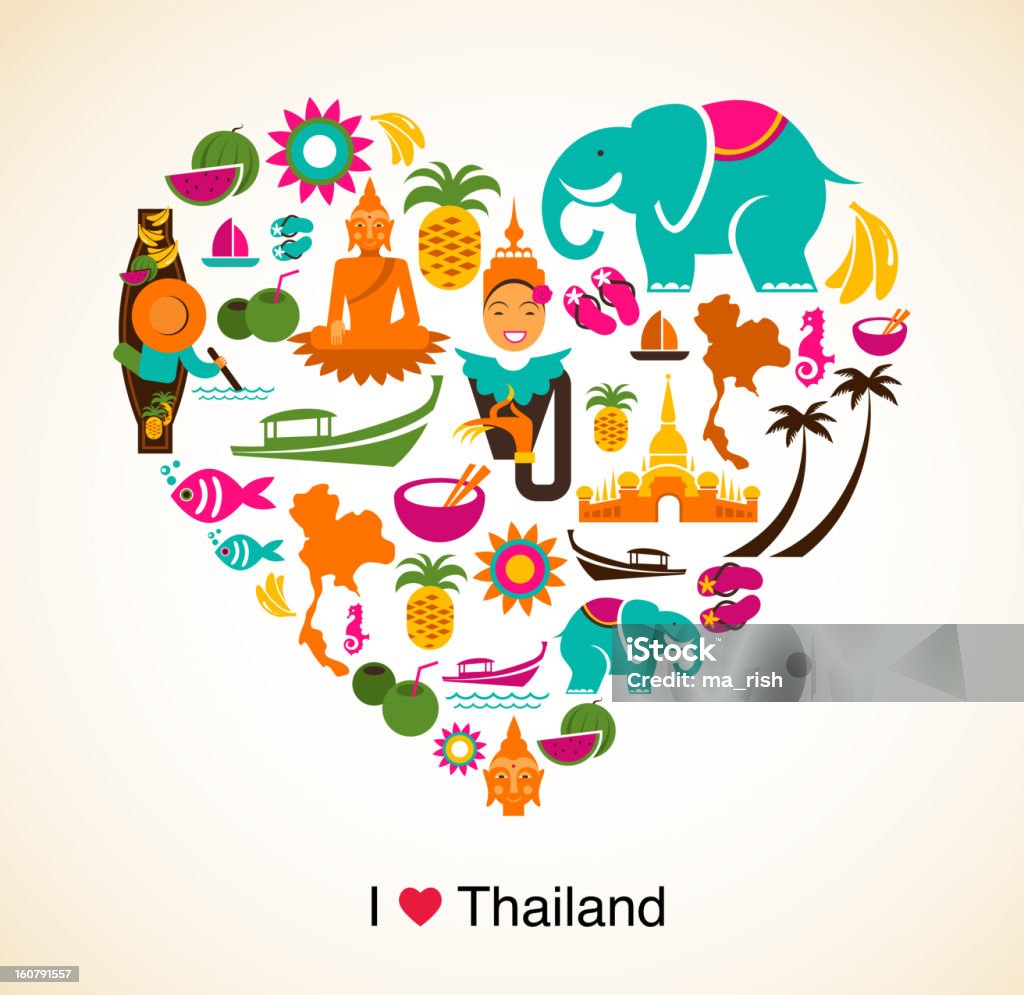 Tailandia Amor-Corazón con iconos de estilo tailandés y símbolos - arte vectorial de Embarcación marina libre de derechos