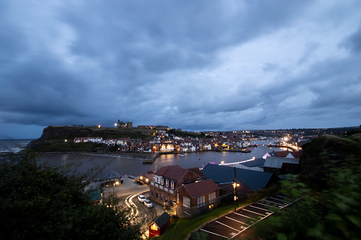 Overlooking the town of Whitby in North Yorkshire, UK at dusk