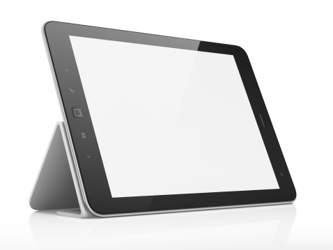 Black tablet computer pc on stand, white background, 3d render