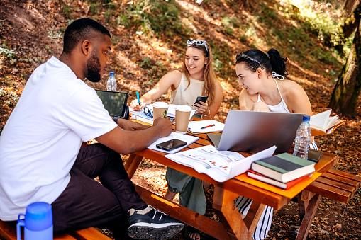 Multiracial group of people studying in park while sitting on park bench