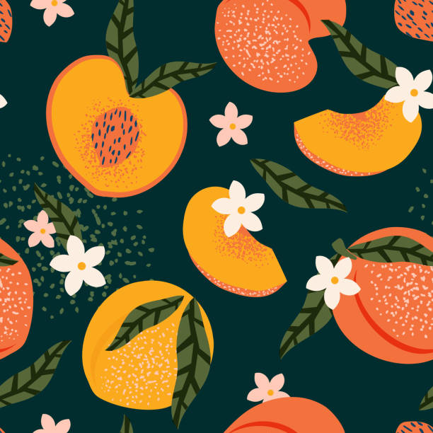 복숭아 꽃 과일의 매끄러운 패턴입니다. 직물, 직물을 위한 짙은 녹색 배경이 있는 여름 열대 분위기. 벡터. - peach dark peaches backgrounds stock illustrations
