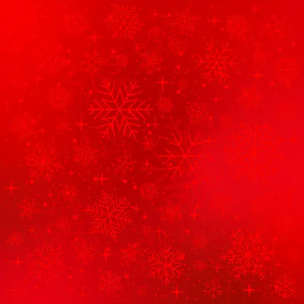Vector illustration of Christmas background. Snowflakes and stars on red gradient background.