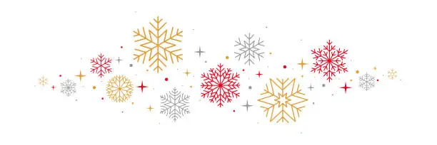 Vector illustration of Christmas vector banner. Snowflakes and stars border. Gold, red and silver.