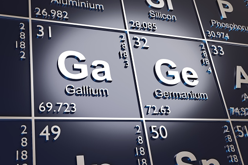 The elements Gallium and Germanium on the periodic table. 3d illustration.
