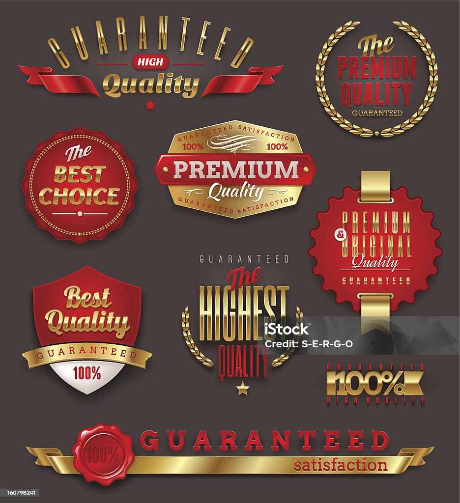 Juego de calidad premium y etiquetas de oro garantizadas - arte vectorial de Cartel libre de derechos