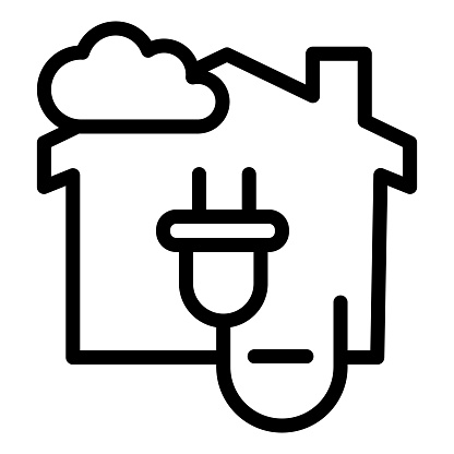 House with electric plug and cloud line icon, smart home symbol, modern technology vector sign on white background, house and plug icon in style for and web. Vector graphics