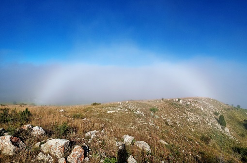 A fogbow is similar in some respects to a traditional rainbow forming from sunlight interacting with water droplets contained in fog, mist or cloud rather than interacting with raindrops as it does in a classical rainbow.