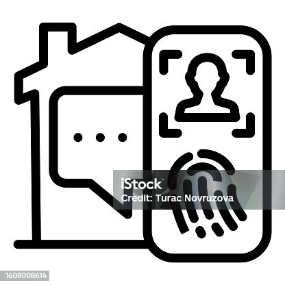 istock Smartphone with fingerprint and building line icon, smart home symbol, automation and internet technology vector sign on white Smart house and control systems icon. 1608008614
