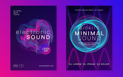 Music flyer. Dynamic fluid shape and line. Cool concert banner set. Neon music flyer. Electro dance dj. Electronic sound fest. Techno trance party. Club event poster.