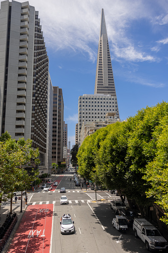San Francisco, USA - May 18, 2022:  downtown view to Transamerica building in San Francisco under clear blue sky.