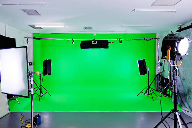 A green screen studio set up for filming Green Screen video production studio with lights set ready for filming chroma key stock pictures, royalty-free photos & images