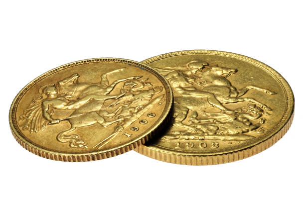 monedas de oro británicas completas y medias soberanas - dragon one pound coin british currency british pounds fotografías e imágenes de stock