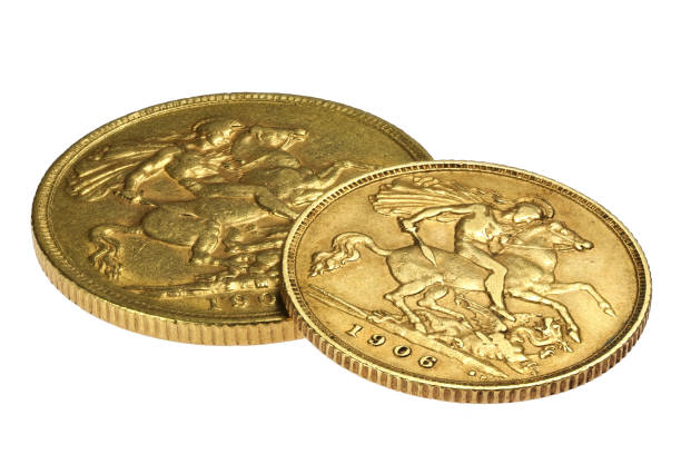 monedas de oro británicas completas y medias soberanas - dragon one pound coin british currency british pounds fotografías e imágenes de stock