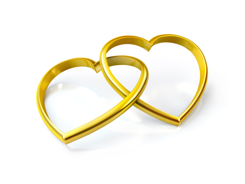 3D heart shaped golden rings on white background
