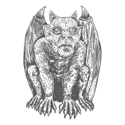 Gargoyle in sitting aggressive position to attack  Human and dragon bat like demon Chimera fantastic beast creature with horns fangs and claws. Hand drawn gothic guardians at medieval. Vector