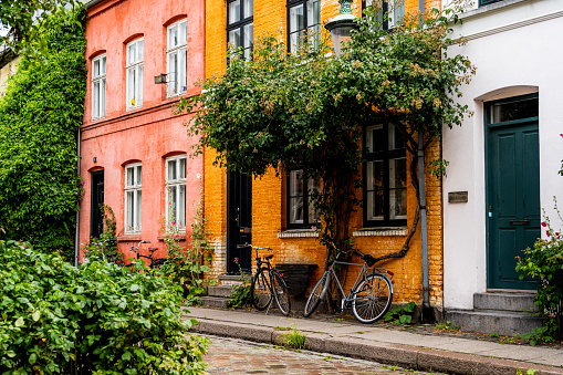 This horizontal photograph showcases a charming street scene in Copenhagen, Denmark. Lined up are several colorful houses, each with its own unique character. The first house is white with a green door, followed by a yellow ochre house with black window frames and door, and then a salmon-colored house with white window frames and a black door. Parked bicycles and facade plants add a touch of life and authenticity to the image. The angular perspective creates an interesting visual effect, leading the eye along the street and towards a vanishing point, creating depth in the image.