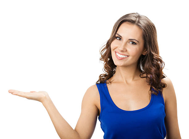 istock Beautiful young woman showing, on white 160815528