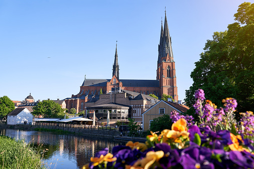 Beautiful view of the Cathedral and Fyris river in Uppsala, Sweden