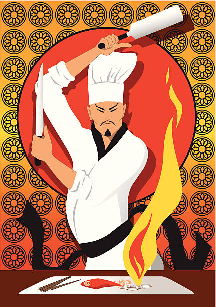 Hibachi chef Japanese chef cooking on a hibachi grill. No transparencies chef cooking flames stock illustrations