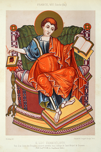 Vintage illustration of ST. LUKE EVANGELIST Taken from a Book of the Gospels, formerly kept in the abbey of Saint-Médard de Soissons. (Bibl. Imple N: 686 of the Latin Supplement.).. Les arts somptuaires, Historie du costume et de l'ameublement et des arts et industries qui s'y rattachent 1850s, French