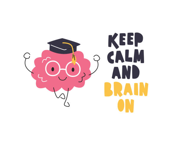 Character in cap meditating keep calm and brain on Brain character in academic square cap and eyeglasses. Organ personage meditating like yoga asana. Keep calm and brain on lettering print concept design. Hand drawn flat vector illustration isolated keep calm and stock illustrations