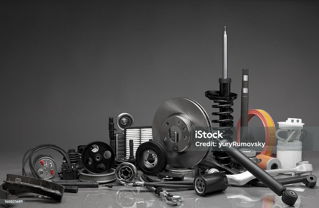 Auto parts New car parts on a gray background Car Stock Photo