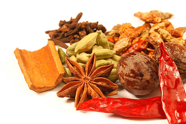 variedade de especiarias indianas em bruto - cardamom spice macro asian culture imagens e fotografias de stock